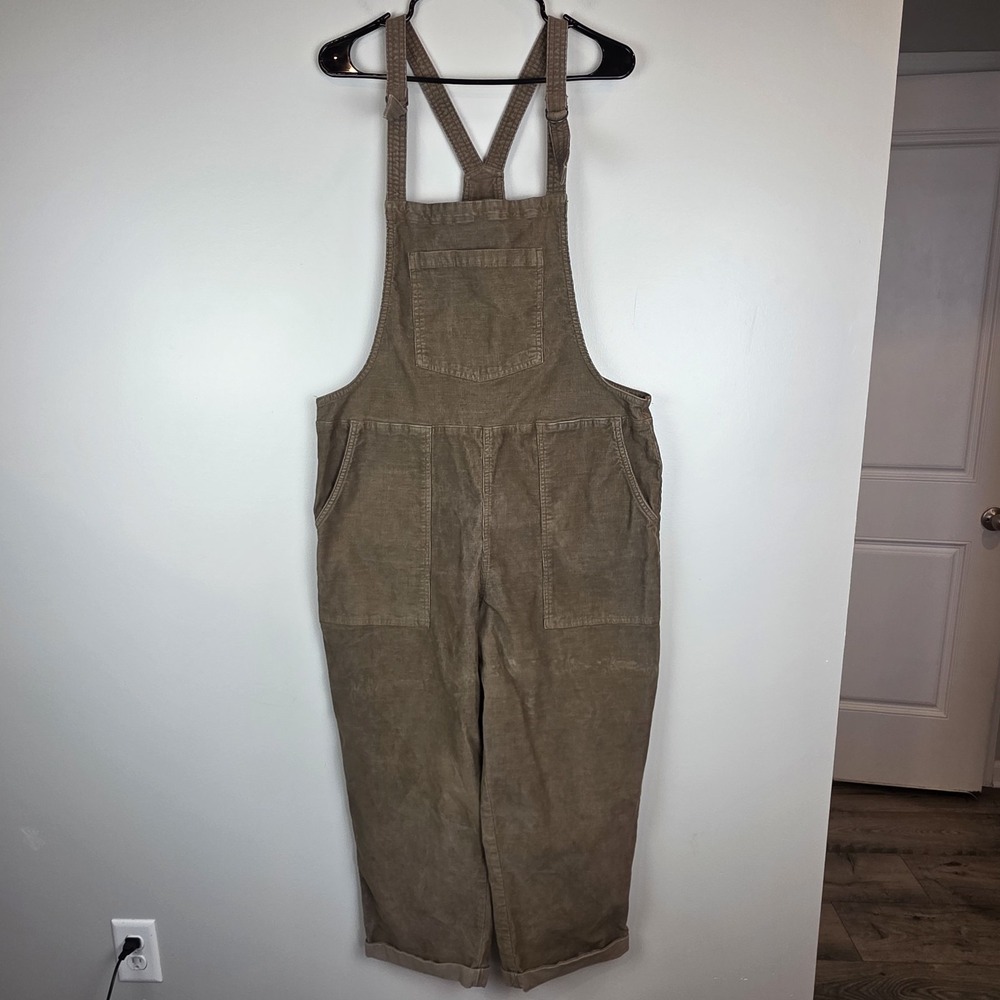 Aerie Overalls‎ Womens Large Brown Corduroy Raw Hem Patch Pockets Ankle Cropped.